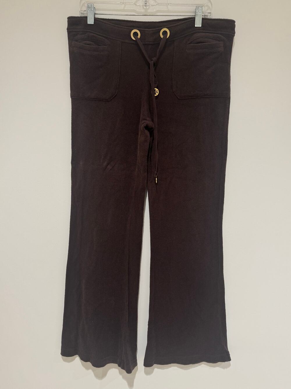 Tory Burch Y2K Chocolate Brown Velour Drawstring Wide leg Track Pant Logo Size M